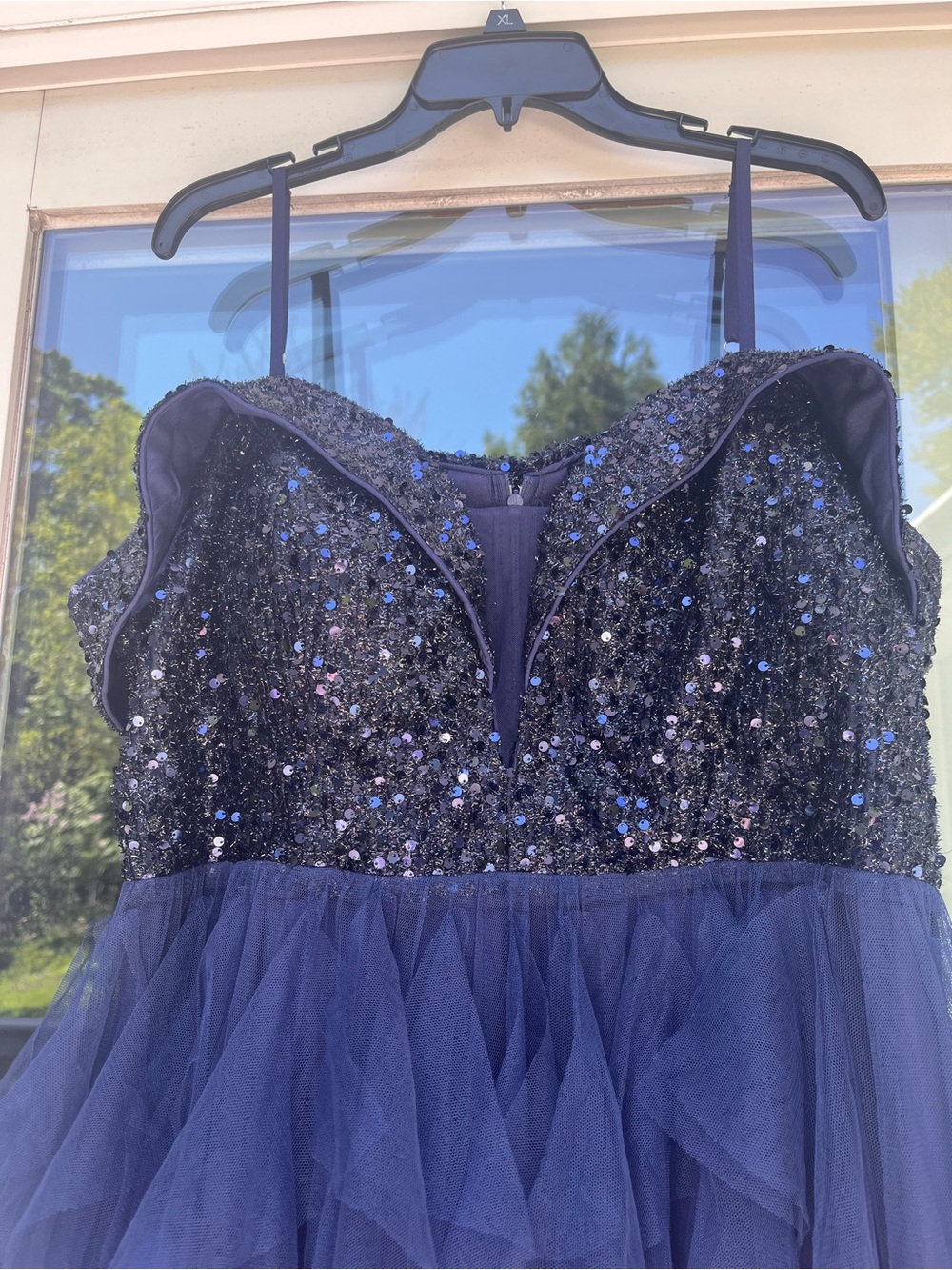 Navy Beaded Ruffle Tulle Evening Gown - Picture 2 of 5
